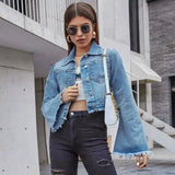 Frayed Hem Cropped Denim Jacket for Women-Blue-1