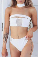 stitching bikini bandage openwork swimsuit solid-White-1