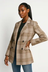 Women's Brown Plaid Blazer – Classic Double-Breasted Checked Jacket