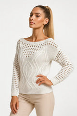 White open-knit sweater for women with textured pattern — lightweight long-sleeve top