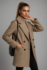 Stylish women's beige trench coat with lapel collar and double-breasted design