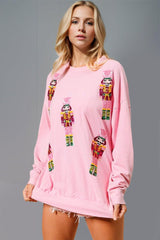 Double Take Sequin Nutcracker Round Neck Long Sleeve Sweatshirt-Pink-1