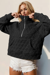 Double Take Half Zip Long Sleeve Quilted Sweatshirt with Pocket-Black-5