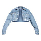 Cropped Ripped Denim Jacket – Trendy and Sexy for Modern Women-Blue-6