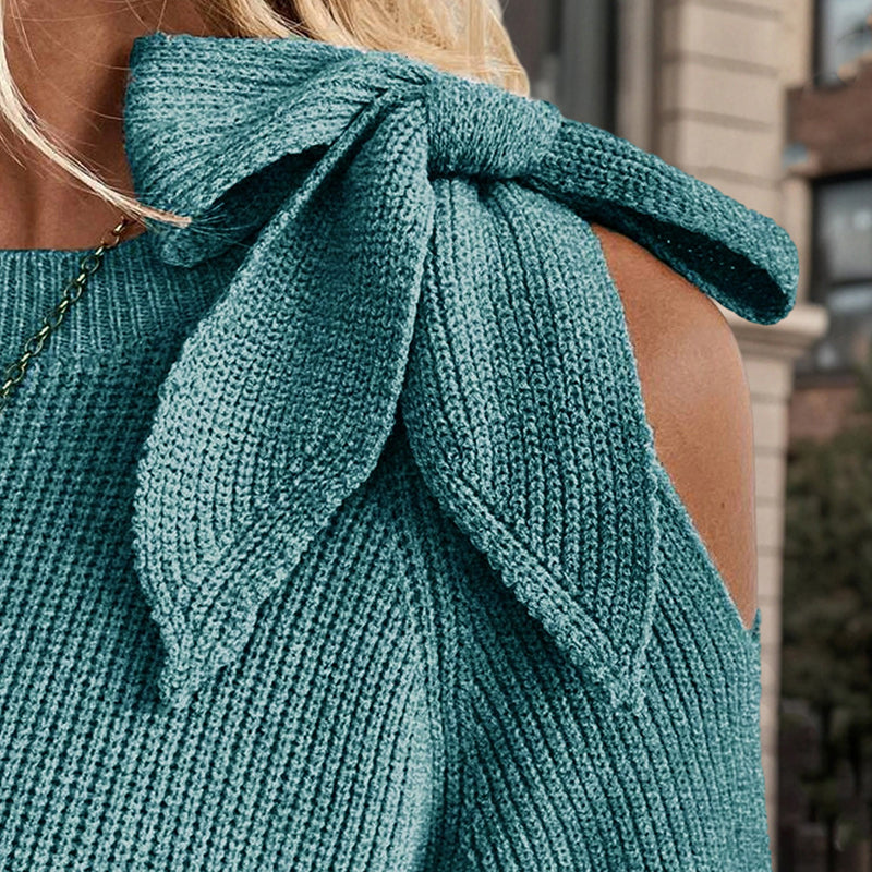 Bow Shoulder Cut-Out Knit Sweater