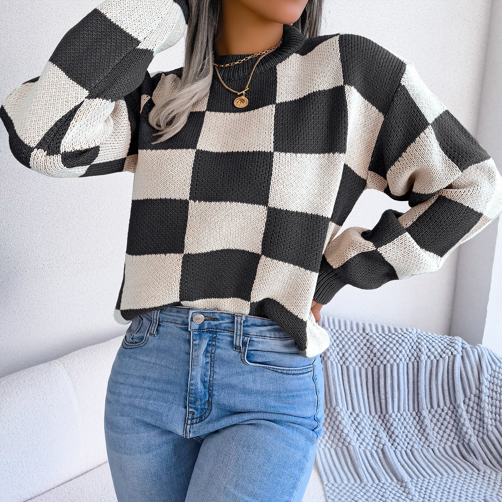Checkered Crewneck Sweater