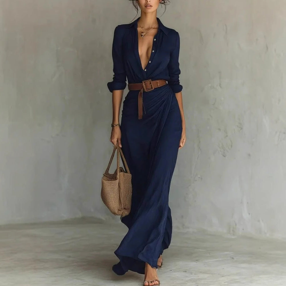 Chic Belted Irregular Long Shirt Dress