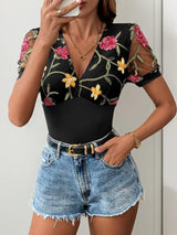 Perfee Embroidered V-Neck Floral Bodysuit-3