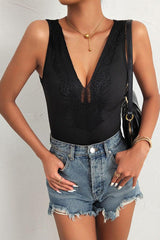 Perfee Spliced Lace Deep V Sleeveless Bodysuit-3