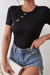 Perfee Decorative Button Round Neck Short Sleeve Bodysuit-4