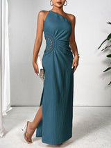 Honey Slit One Shoulder Sleeveless Maxi Dress-Deep Teal-11