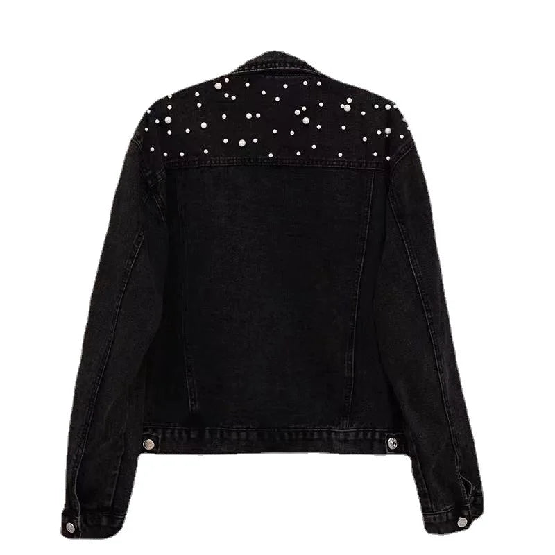 Pearl-Embellished Denim Jacket – Glamorous Twist on a Classic