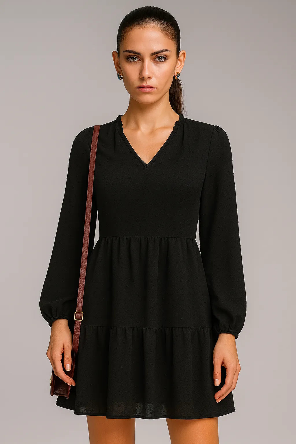 Chiffon lange mouwen V-hals A-lijn originele jurk