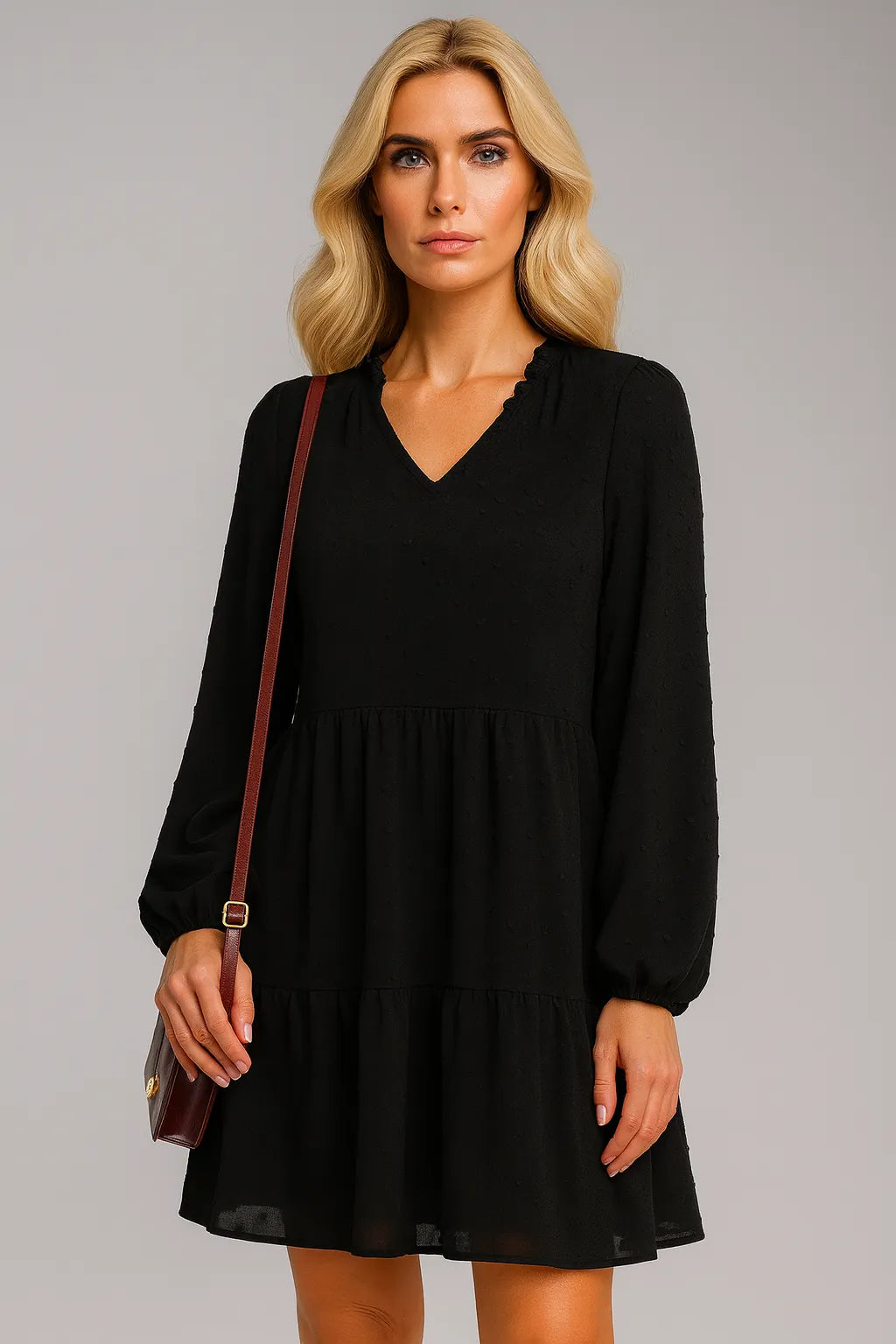 Chiffon lange mouwen V-hals A-lijn originele jurk