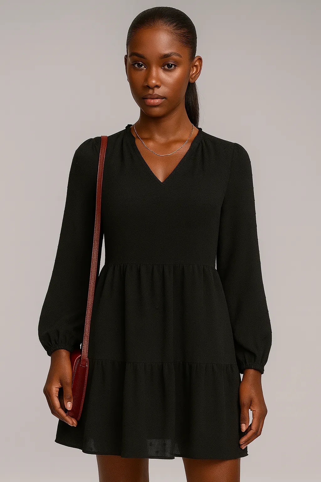 Chiffon lange mouwen V-hals A-lijn originele jurk