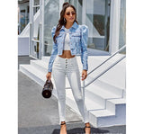 Puff-Sleeve Cropped Denim Jacket for Women-Light blue-3