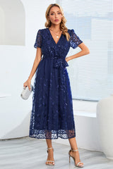 Sequin Leaf Embroidery Tie Front Short Sleeve Dress-Dark Blue-1