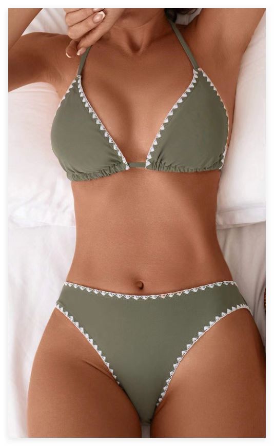 Solid-color Floral-print Halter-style Two-piece Swimsuit