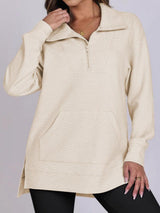 ฺHigh-Low Quarter Zip Long Sleeve Sweatshirt-Beige-7