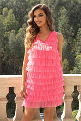 V-Neck Tiered Sleeveless Mesh Dress-3