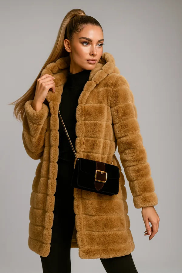 Women's long brown faux fur coat with hood - elegant winter outerwear