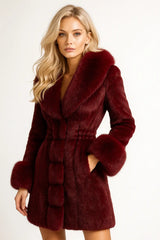 Women's luxury faux fur coat in deep burgundy – elegant short winter jacket with wide collar and plush cuffs