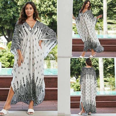 Cotton Beach Cover-up Vacation Sun Protection Long Dress-White-4