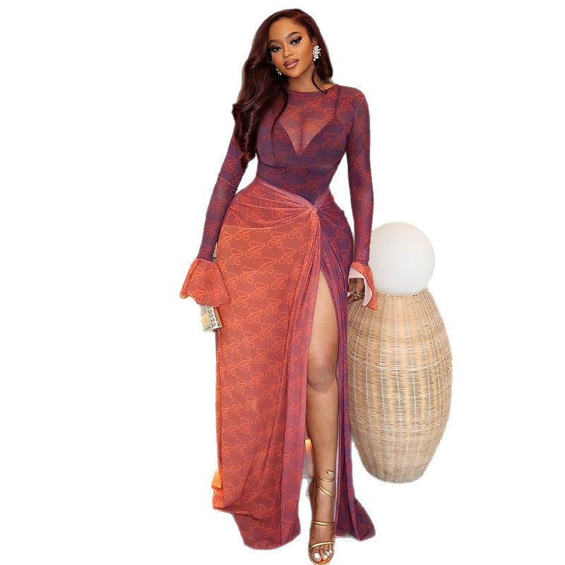 Women's Lightweight Sheer High-Low Skirt Round Neck Ruffled Long Sleeve Dress