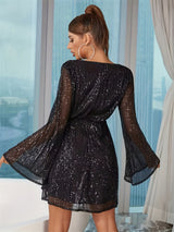 Sequin Surplice Long Sleeve Dress-4