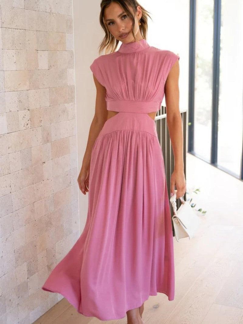 Cutout Mock Neck Sleeveless Ruched Dress-Pink-33