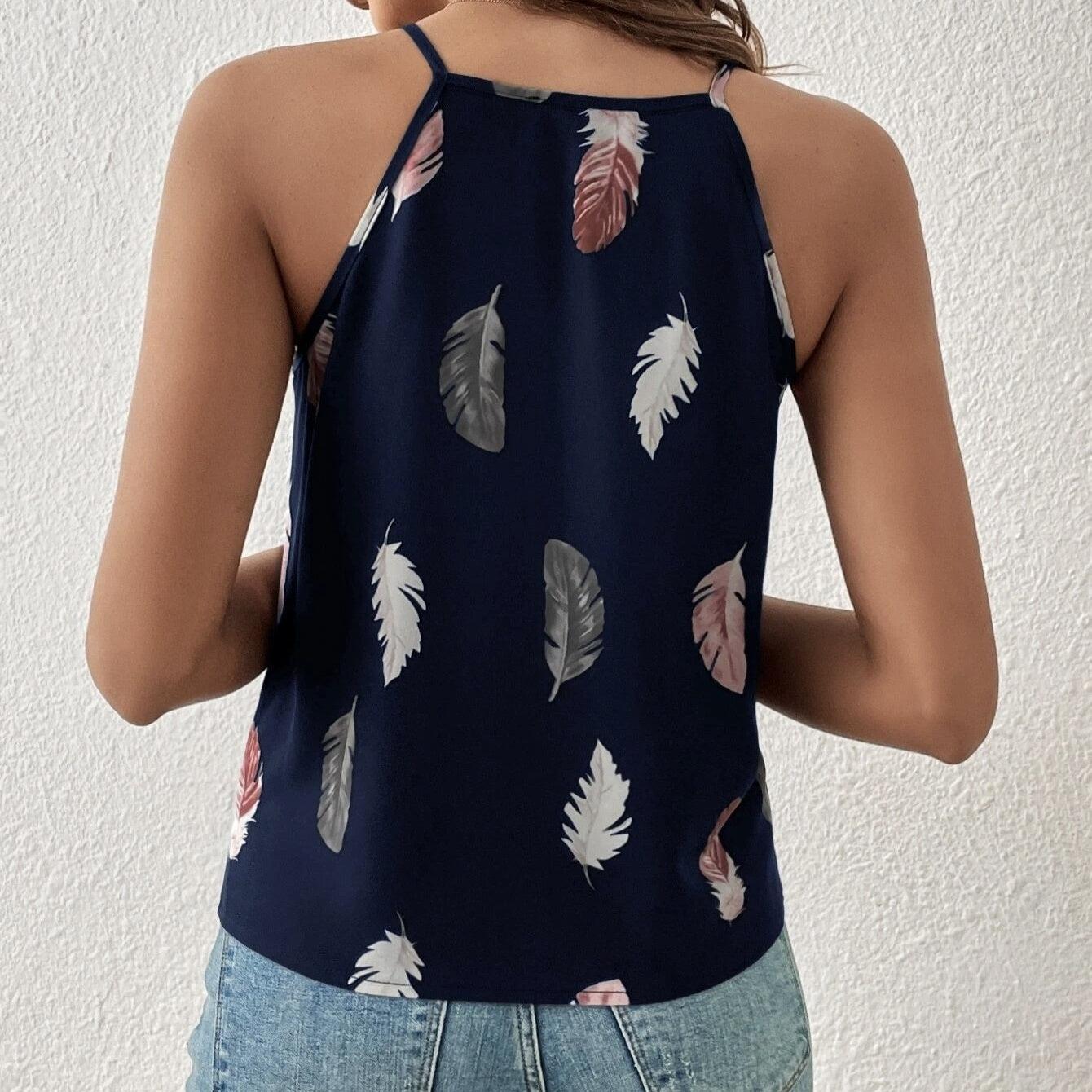 Women’s Feather Print Notch V-Neck Camisole Vest | Versatile and Stylish