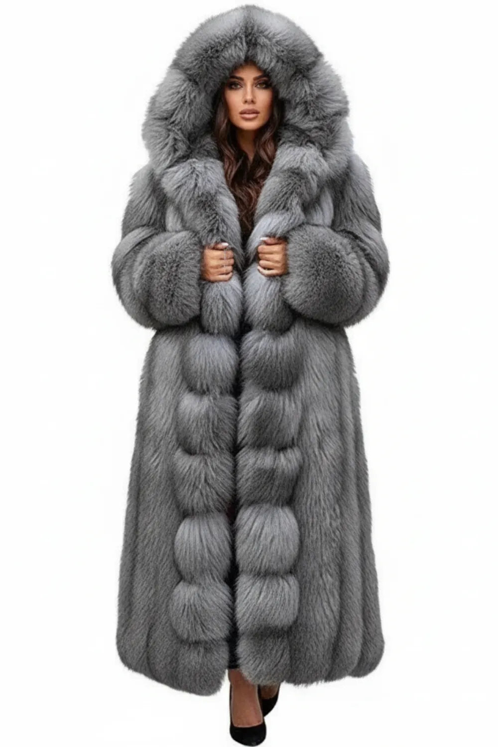 Luxury long grey faux fur coat with hood for women – chic winter fashion statement USA 4