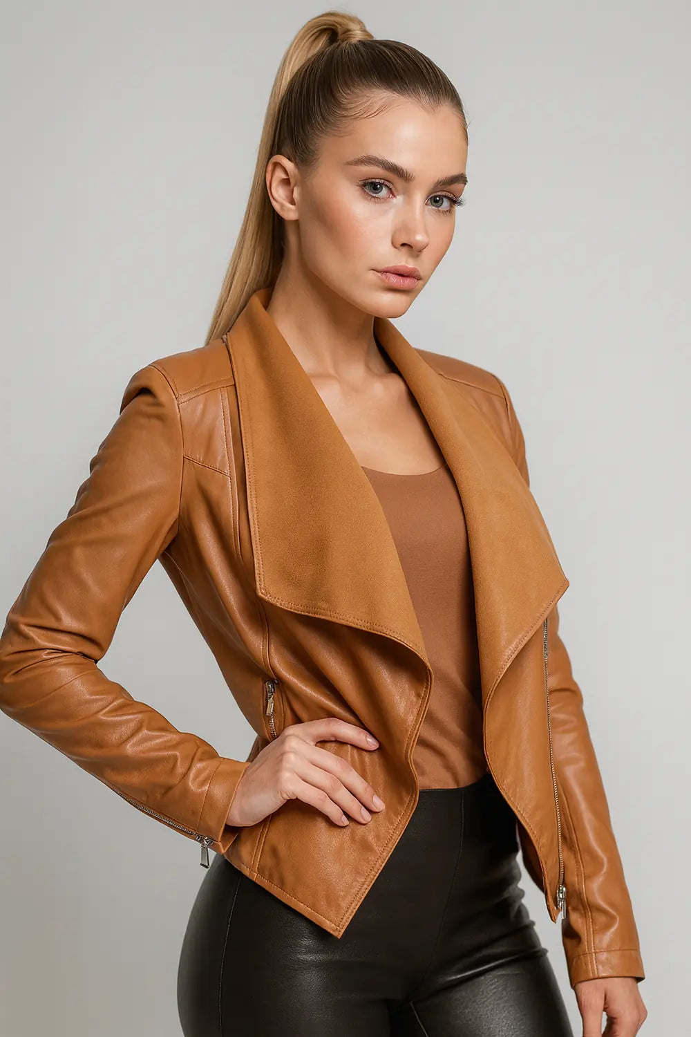 Women's camel faux leather jacket with draped lapel – chic fall fashion