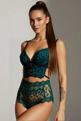 Chic teal lace lingerie set for women - longline bralette and high-waist panty