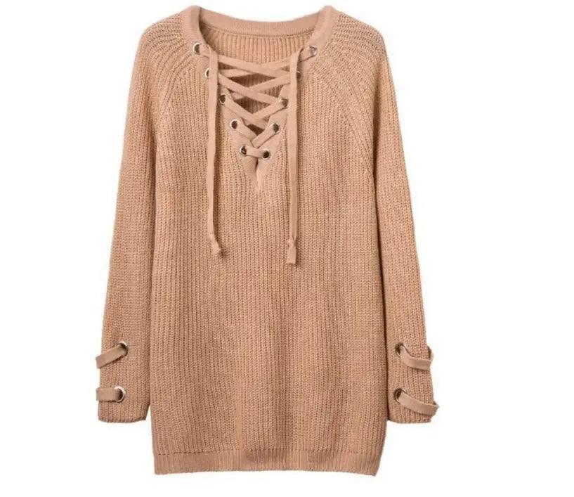 2021 Women Sweater woman Sweaters V Neck Mesh Lace Up-Khaki-5