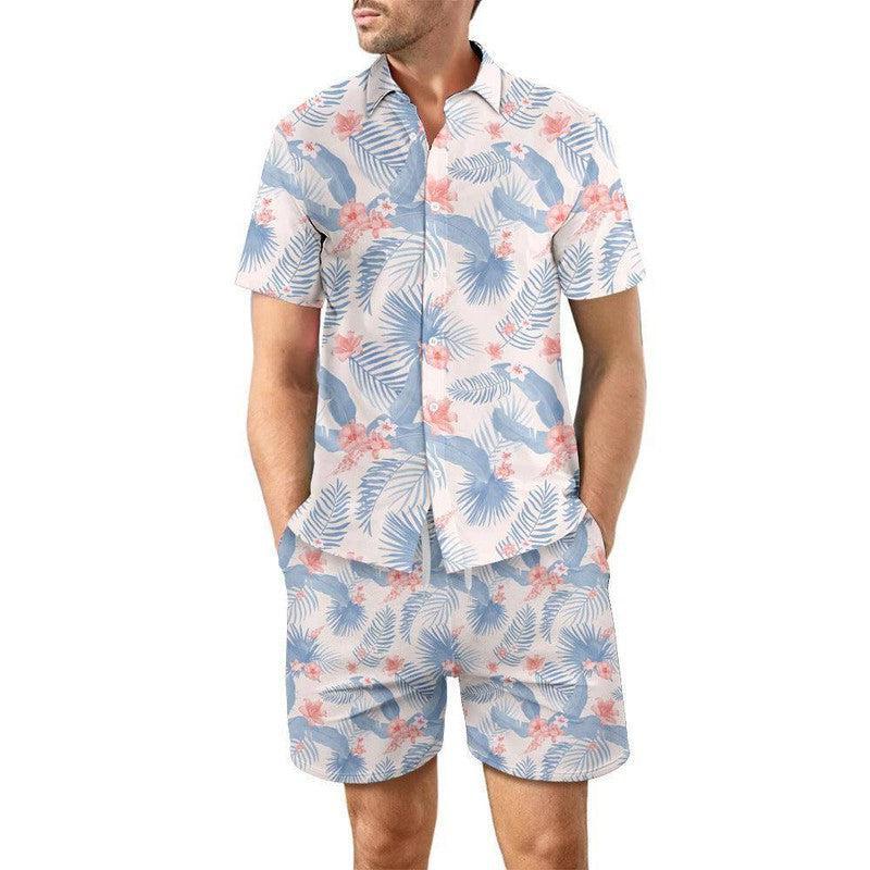 2Pcs Printed Beach Shirt Summer Suit Loose Lapel Button Top DCS07DXCS7 / 3XL-DCS07DXCS3-5