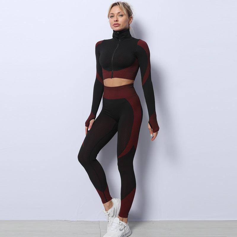 3PCS Yoga Set Seamless Sport Set Women Gym Clothing Leggings-Scarlet-5