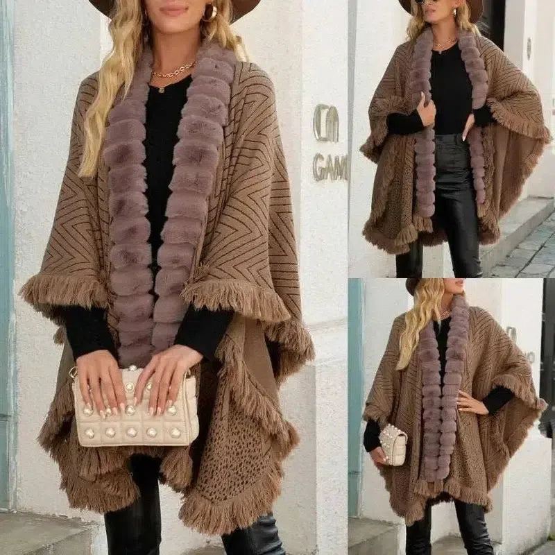 Autumn And Winter Luxury Wool Collar Tassel Shawl Sweater-2