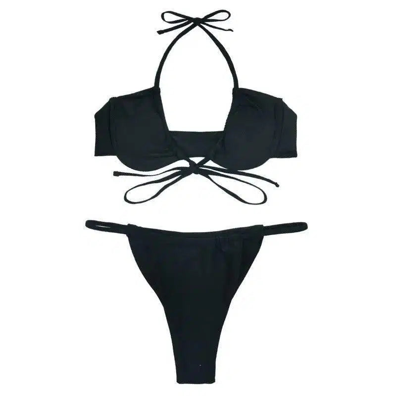 Back Split Ladies Swimwear Bikini-Black-1