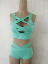 Bandage Cross Bikini High Waist Solid Color Sexy Split-Skyblue-2