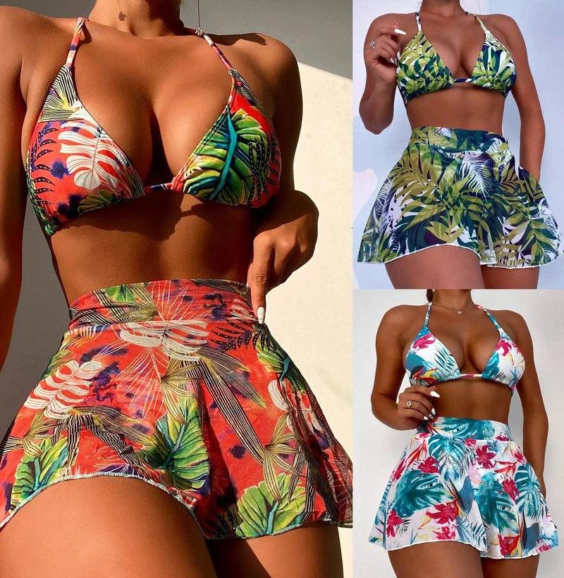 Big Flower Leaf Three Piece Swimsuit Bikini-1