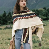 Bohemian Style Tassel Cape Knitted Warm Scarf-Beige-7