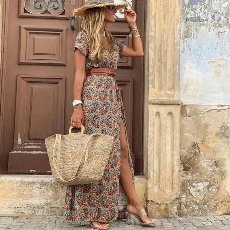 Boho V Neck Paisley Print Beach Long Dress with Belt - Embrace Summer in Style!-5