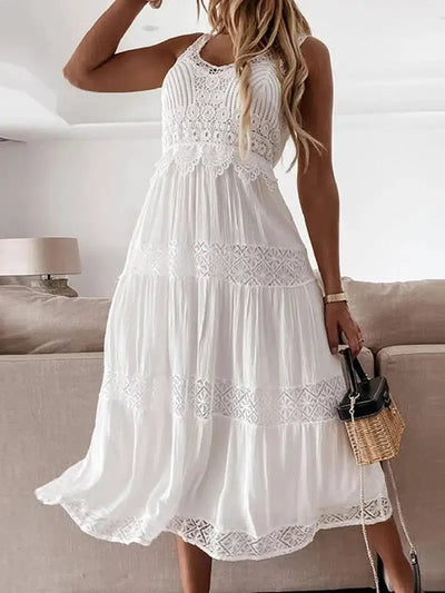 Boho White Eyelet Midi Dress - Off-Shoulder Summer Chic-3