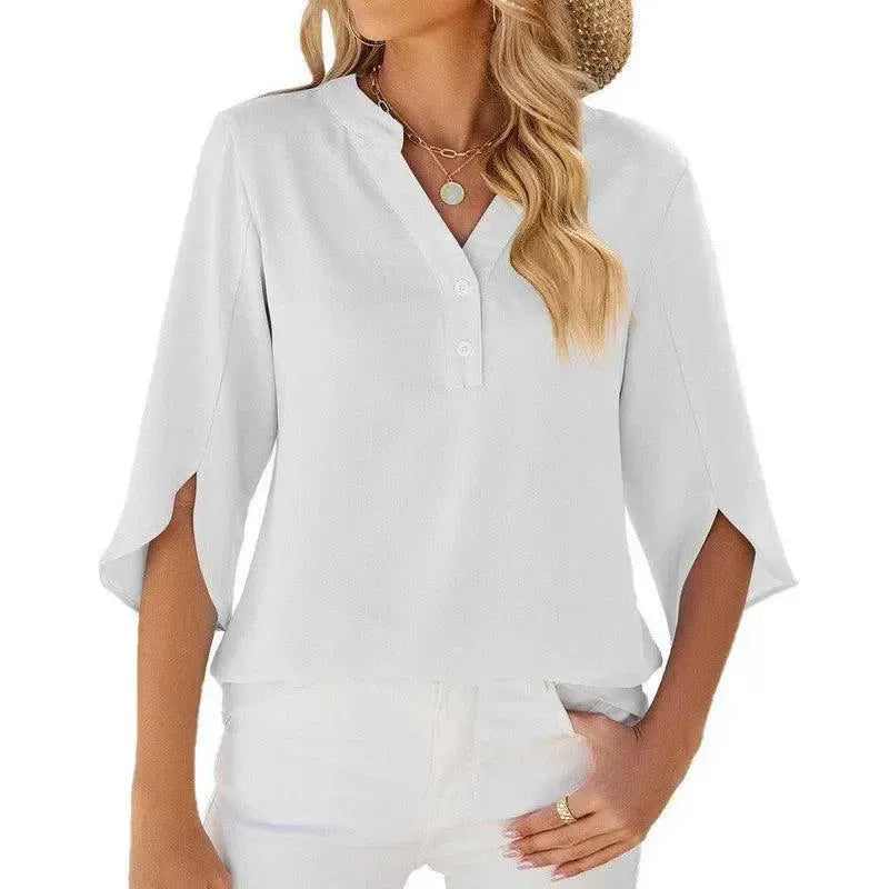 Button V-neck Mid-sleeve Chiffon Shirt Solid Color Top Womens Clothing-White-4