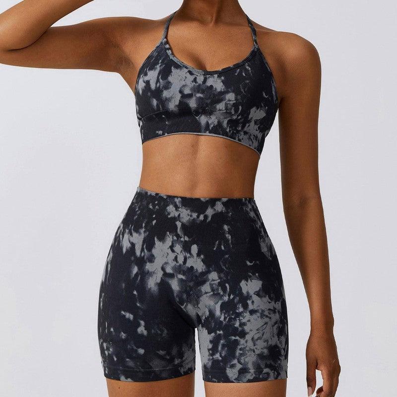 Camouflage Printing Seamless Yoga Suit Quick-drying High Waist Running Workout Clothes-Black And Gray Bra Shorts-8