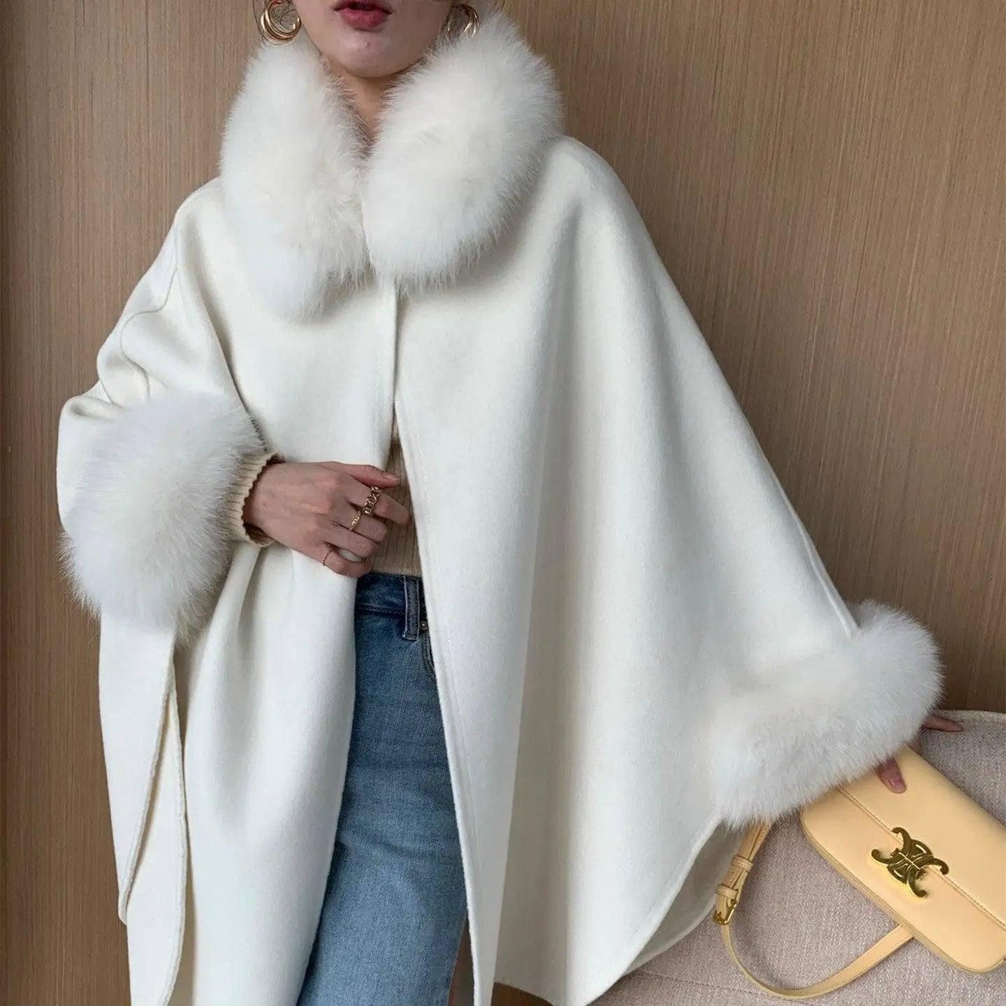 Cape Fox Fur Collar Cashmere Wavy Coat-White-1