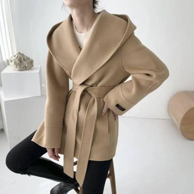 Cardigan hooded mid-length woolen coat-Camel-4