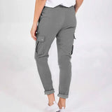 Casual Cargo Pants With Pockets Solid Color Drawstring Waist Pencil Trousers For Women-3