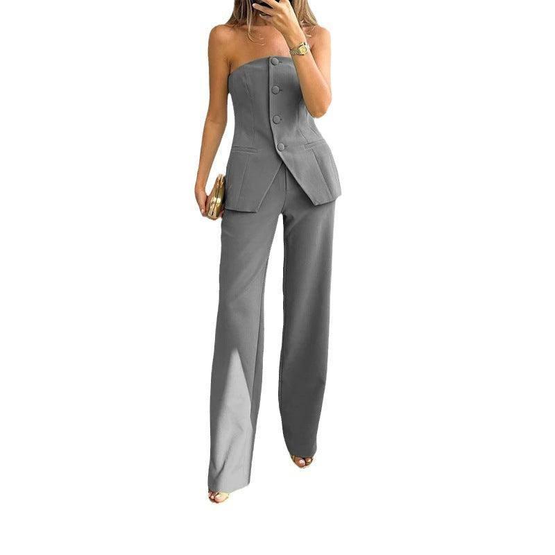 Casual Fashion Tailored Suit Button Graceful Tube Top Suit Pants-2